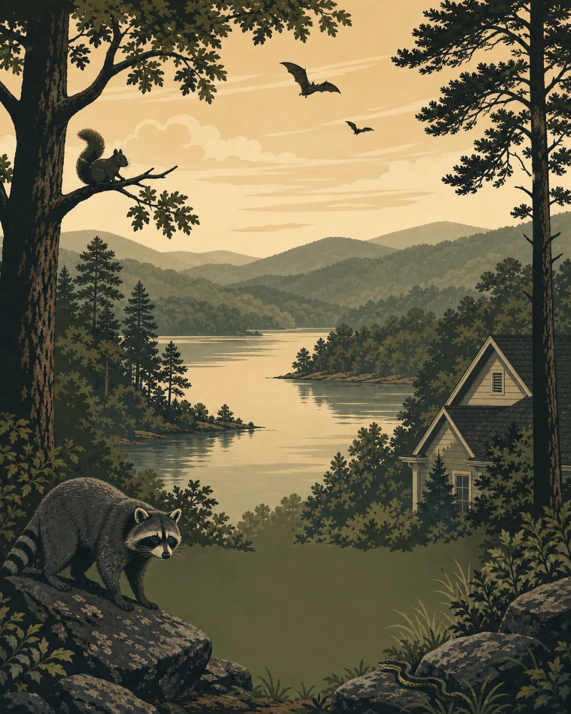 Illustrated Bartow County landscape with Lake Allatoona, wooded foothills, a home, and local wildlife